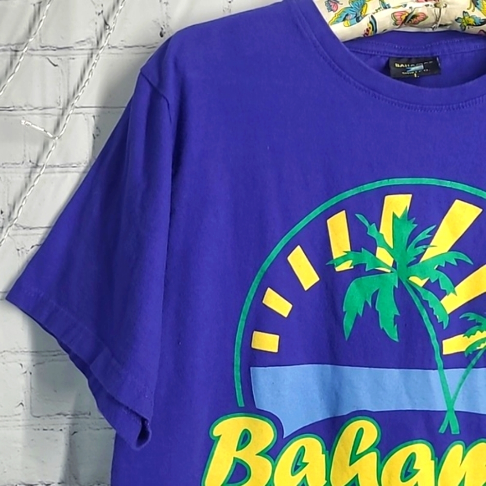 Vintage 90s Bahamas Rising Sun Beach Tropical Graphic Print Navy Blue Tee Mens L - Picture 8 of 15